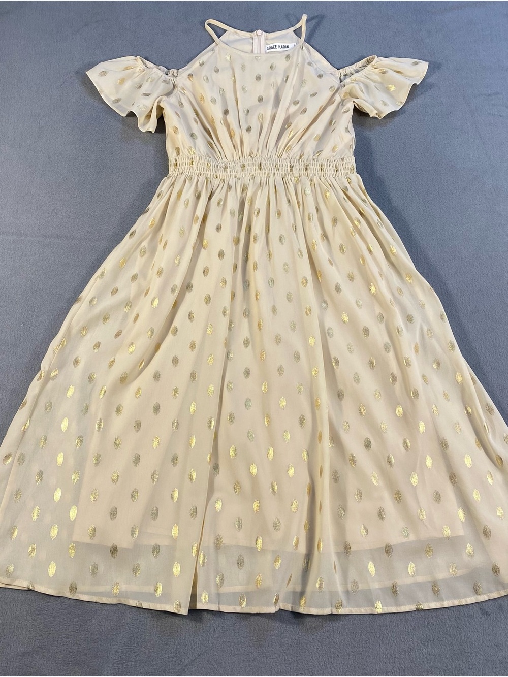 Grace Karin Cream Girls' Cold-Shoulder Party Dress with Gold Foil Dots, size 10Y